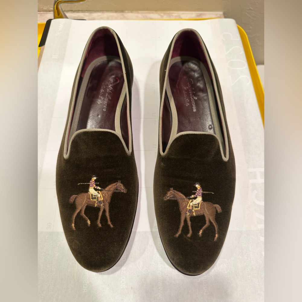Ralph Lauren Purple Label Brown Velvet Embroidered Accent Collis Slippers- 10.5D
